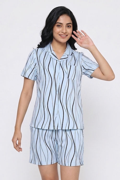 Zivame Wavy Stripes Knit Cotton Short Set - Ice Water — image 5